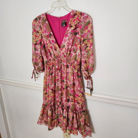 New Just Taylor Dress Size Small Womens Peasant Floral Chiffon Deep Vneck Pink - Picture 3 of 12